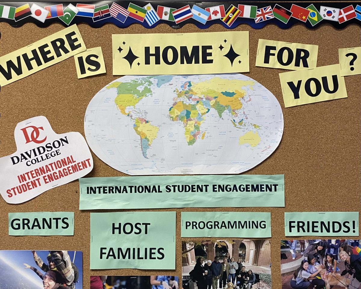 An International Student Engagement office poster hangs in Duke. 