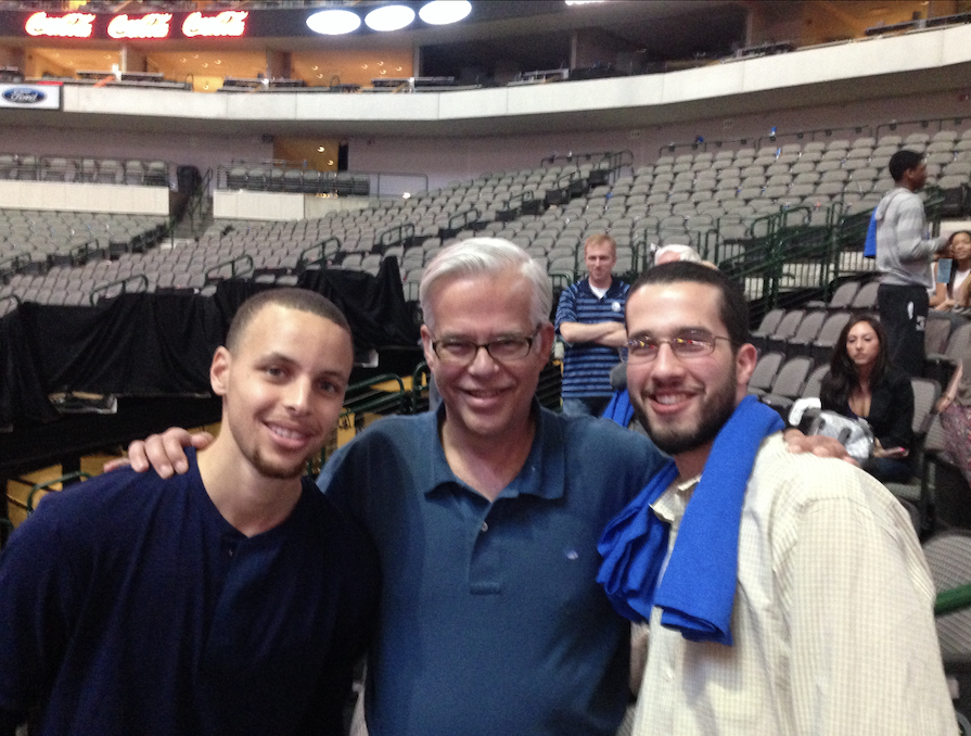 The Rubens (Barry, left; Jordan, right) pose for a picture with Steph Curry ‘10 after a game. Photo courtesy of Jordan Rubens.