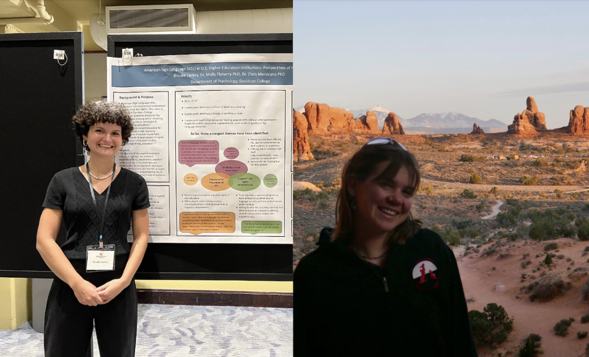 Brooke Lackey '26 (L) presents her research on teaching American Sign Language. Neve Rauscher '26 (R) hikes in the desert that inspired parts of her project.